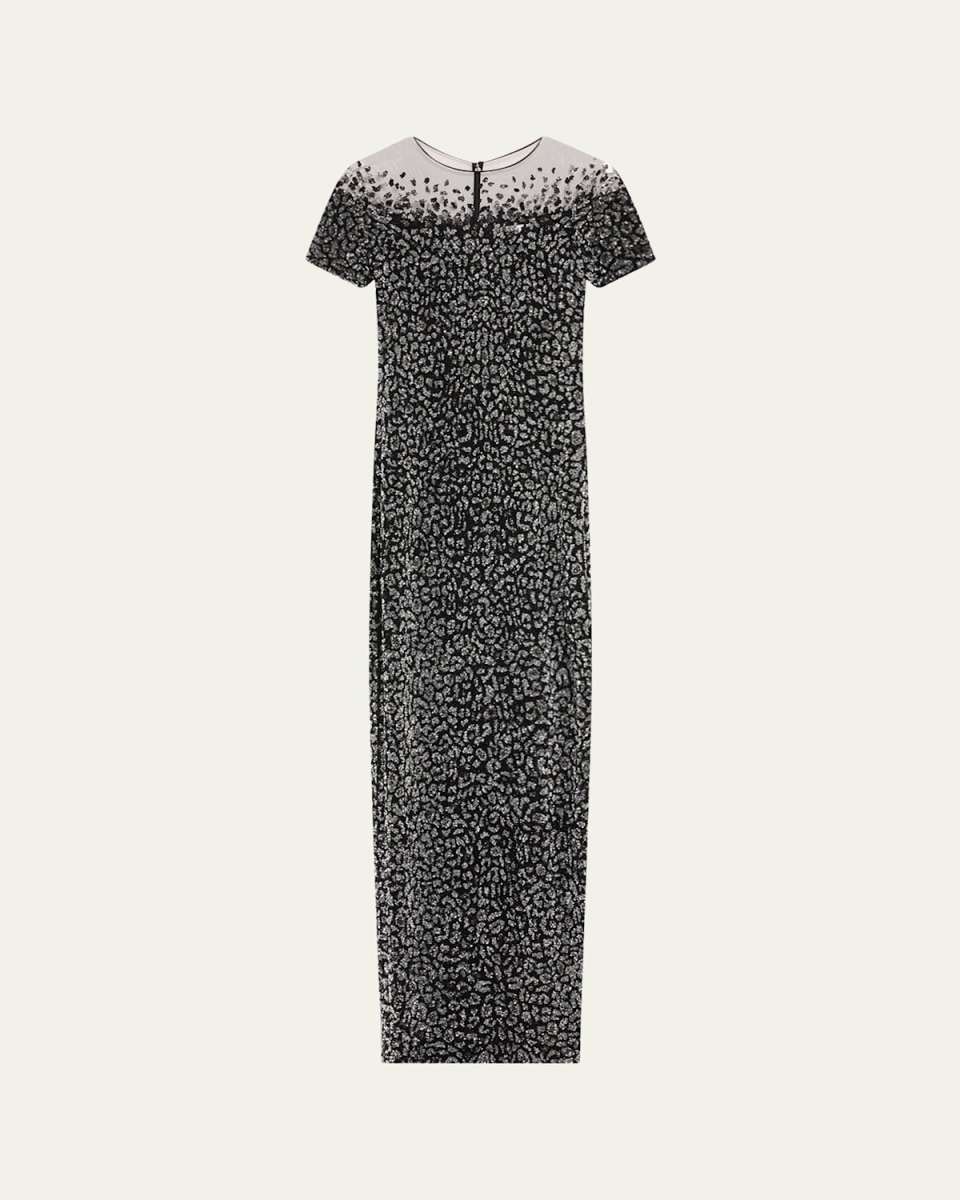 Leopard Sequined Off-The-Shoulder Illusion Gown